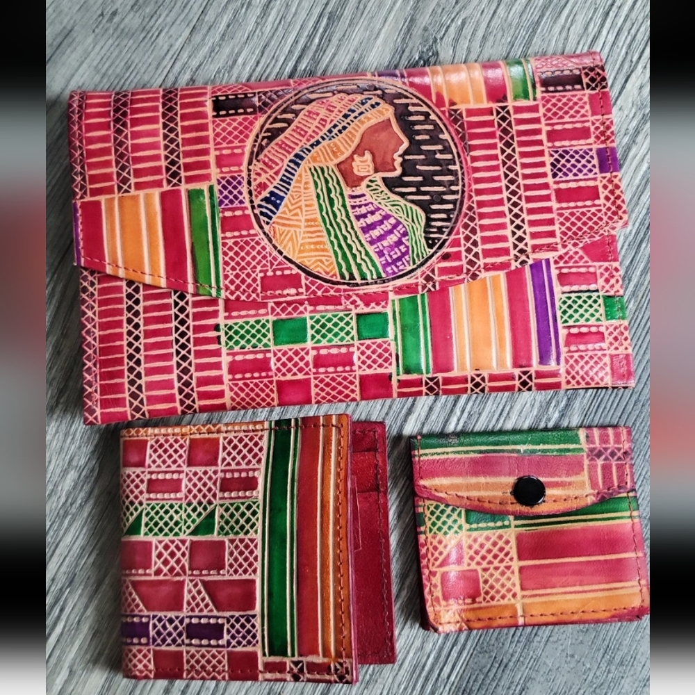 Vintage Leather Embossed Painted Wallet -Coin Pouch-Clutch Womens 3 Piece Set
